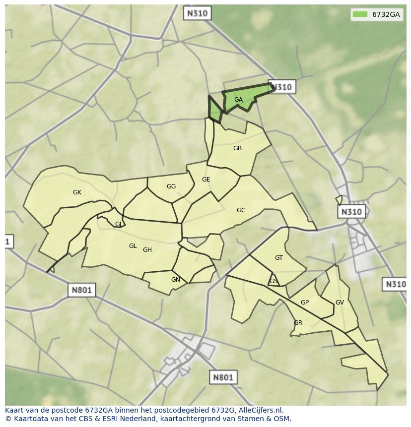 Afbeelding van het postcodegebied 6732 GA op de kaart.