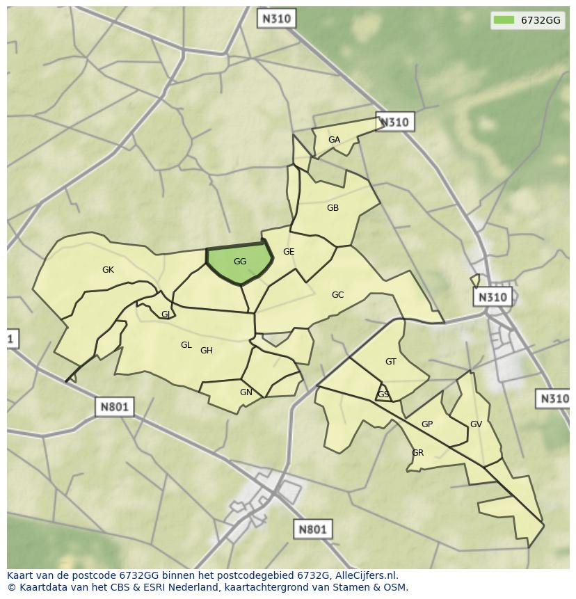 Afbeelding van het postcodegebied 6732 GG op de kaart.