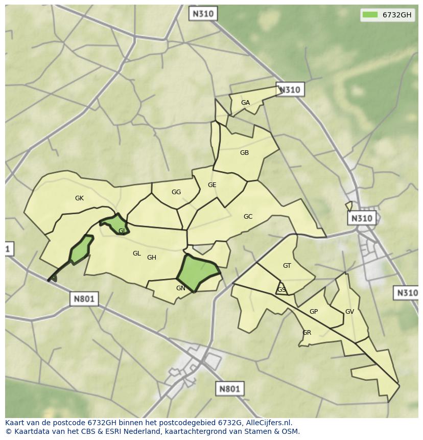 Afbeelding van het postcodegebied 6732 GH op de kaart.