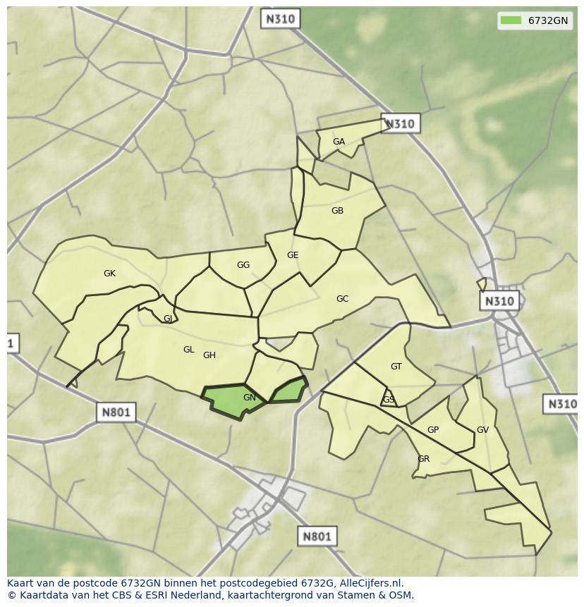 Afbeelding van het postcodegebied 6732 GN op de kaart.