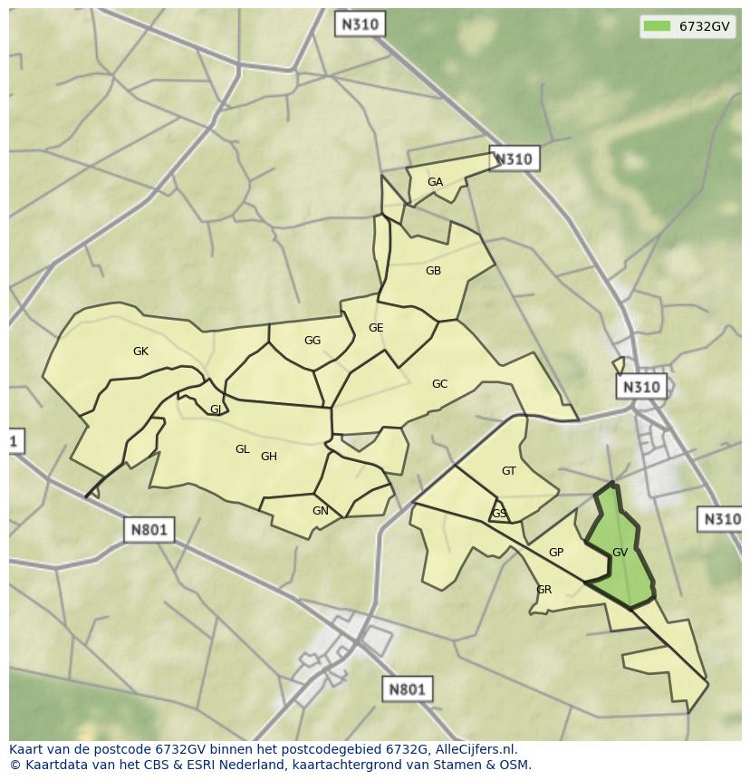 Afbeelding van het postcodegebied 6732 GV op de kaart.