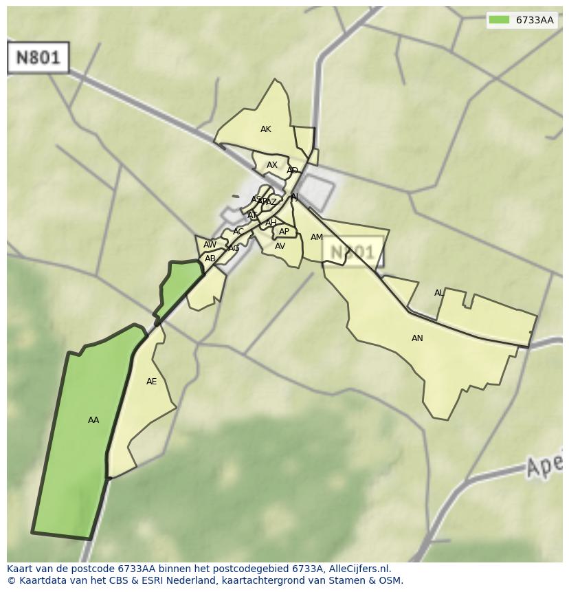 Afbeelding van het postcodegebied 6733 AA op de kaart.