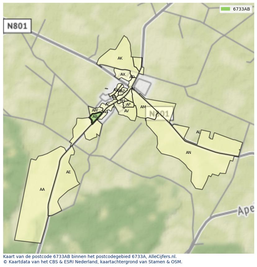 Afbeelding van het postcodegebied 6733 AB op de kaart.
