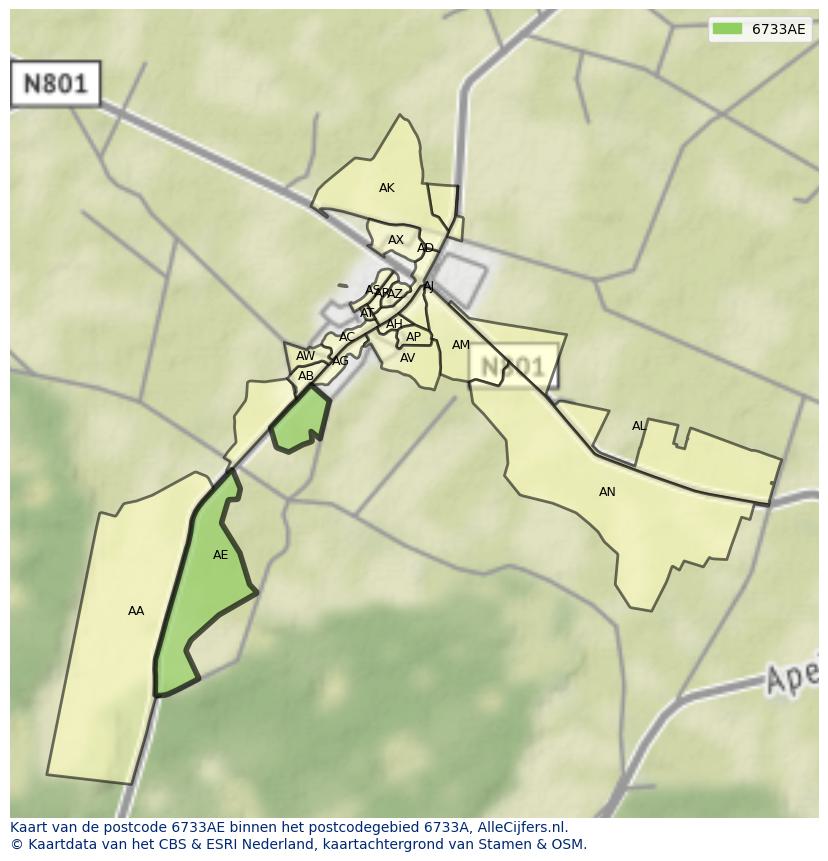 Afbeelding van het postcodegebied 6733 AE op de kaart.