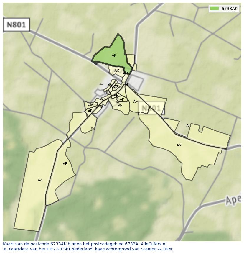 Afbeelding van het postcodegebied 6733 AK op de kaart.