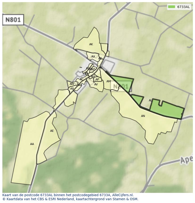 Afbeelding van het postcodegebied 6733 AL op de kaart.