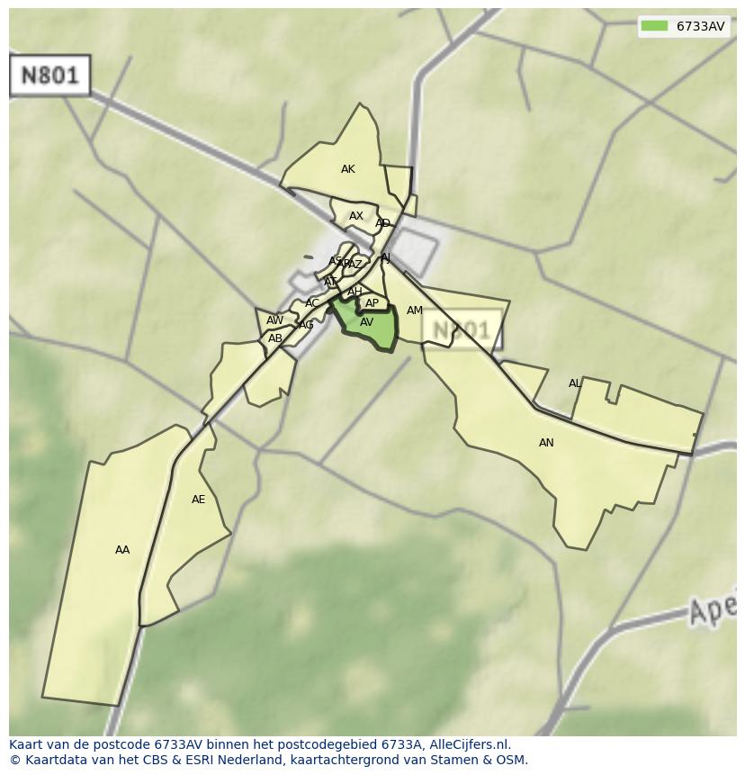Afbeelding van het postcodegebied 6733 AV op de kaart.