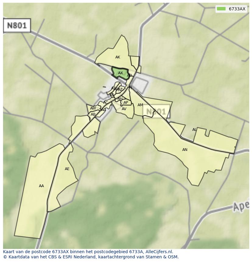 Afbeelding van het postcodegebied 6733 AX op de kaart.