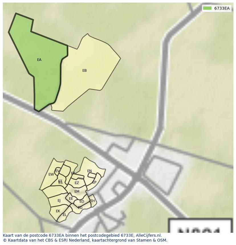 Afbeelding van het postcodegebied 6733 EA op de kaart.