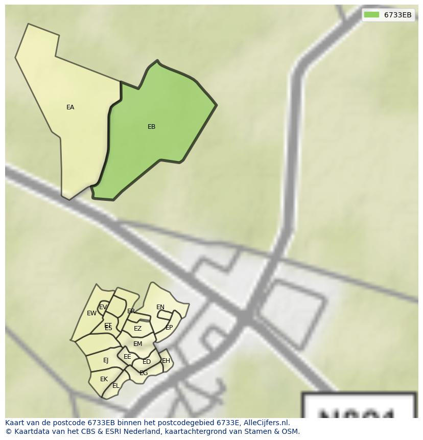 Afbeelding van het postcodegebied 6733 EB op de kaart.