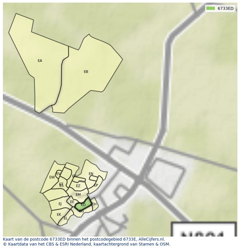 Afbeelding van het postcodegebied 6733 ED op de kaart.