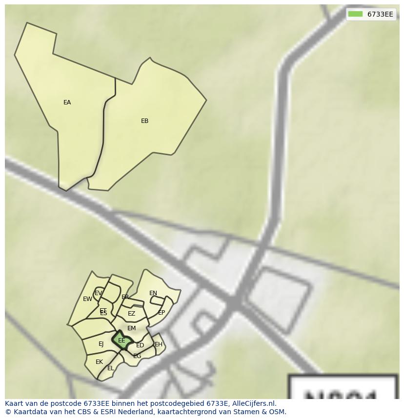 Afbeelding van het postcodegebied 6733 EE op de kaart.