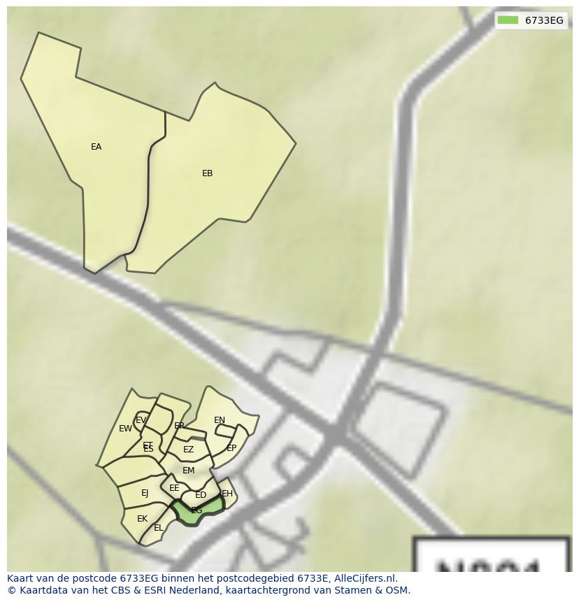 Afbeelding van het postcodegebied 6733 EG op de kaart.