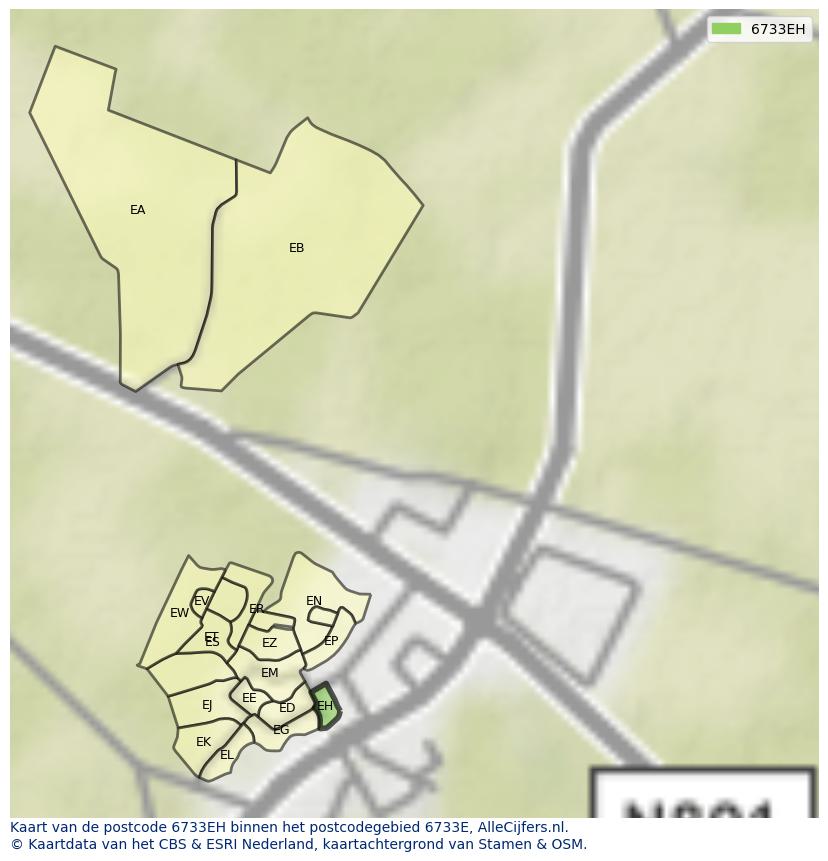 Afbeelding van het postcodegebied 6733 EH op de kaart.