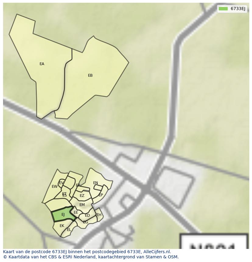 Afbeelding van het postcodegebied 6733 EJ op de kaart.