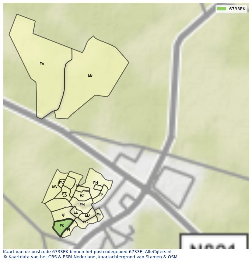 Afbeelding van het postcodegebied 6733 EK op de kaart.