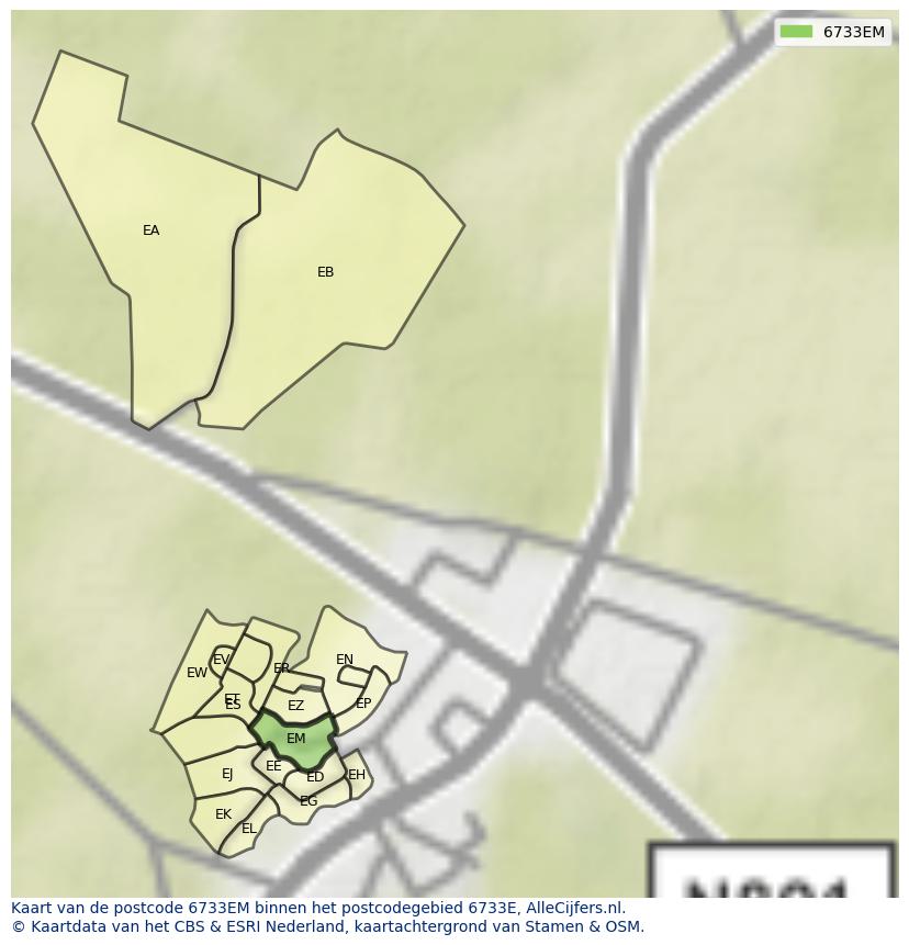 Afbeelding van het postcodegebied 6733 EM op de kaart.