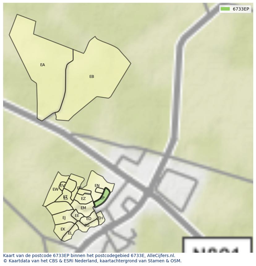 Afbeelding van het postcodegebied 6733 EP op de kaart.