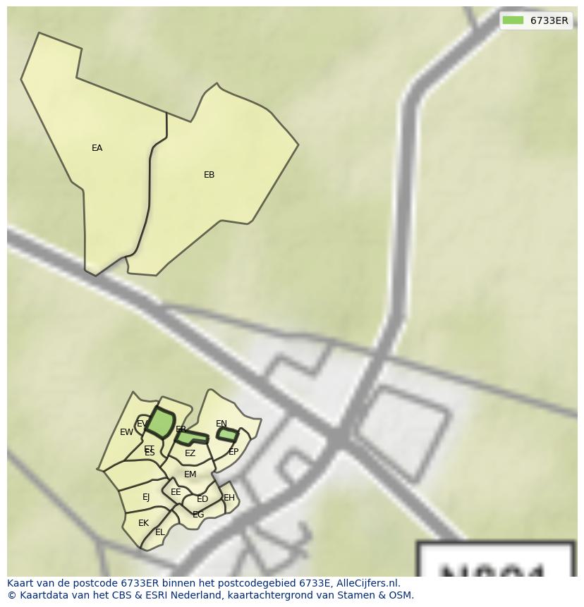 Afbeelding van het postcodegebied 6733 ER op de kaart.