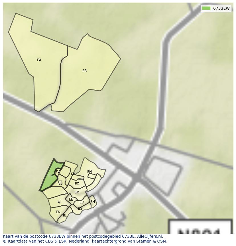 Afbeelding van het postcodegebied 6733 EW op de kaart.