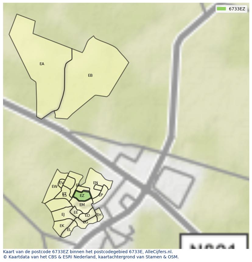 Afbeelding van het postcodegebied 6733 EZ op de kaart.