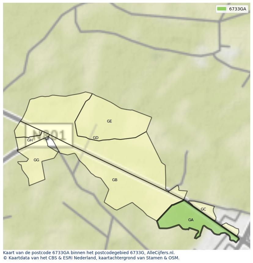 Afbeelding van het postcodegebied 6733 GA op de kaart.