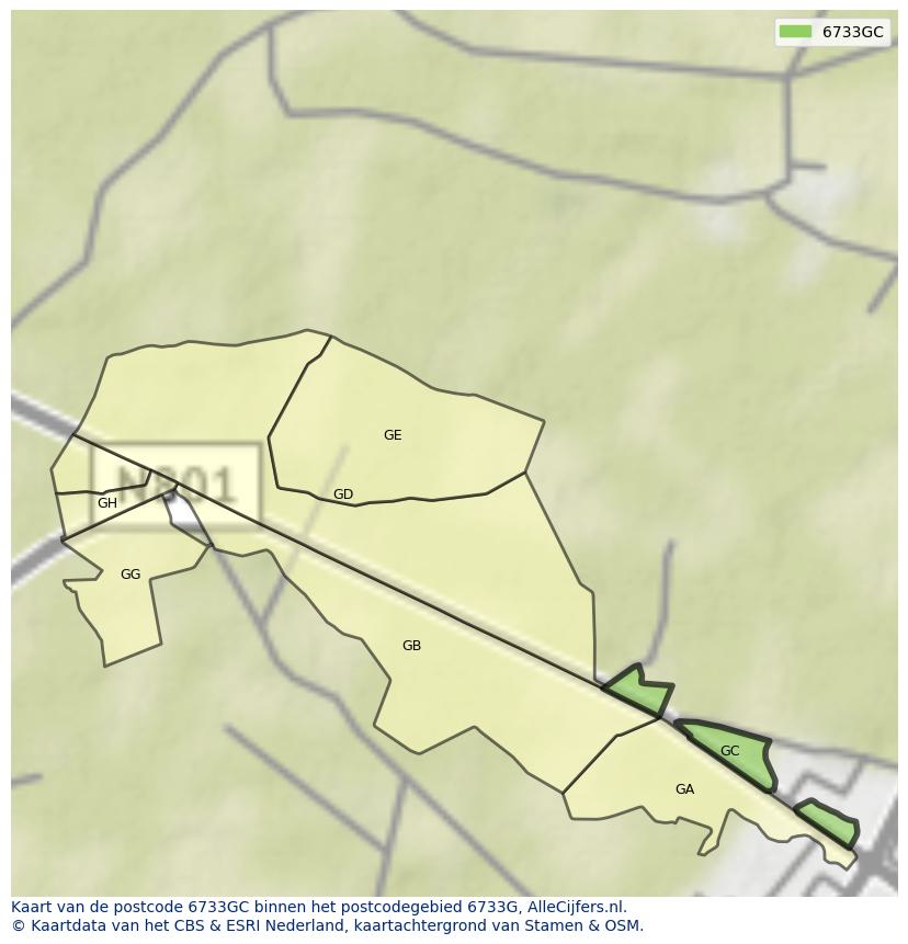 Afbeelding van het postcodegebied 6733 GC op de kaart.