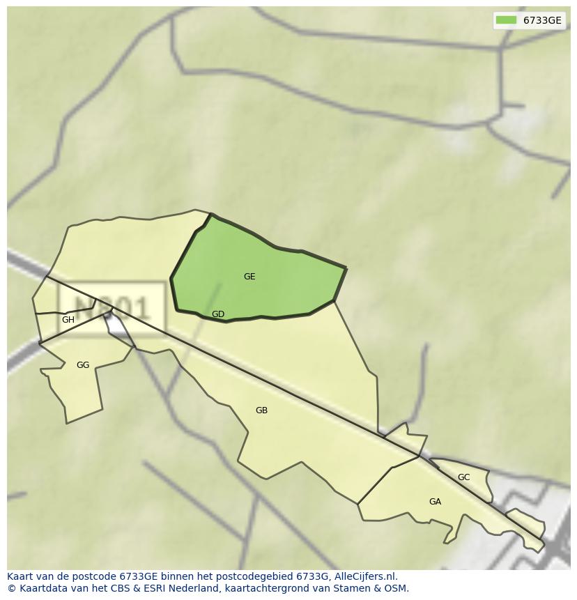 Afbeelding van het postcodegebied 6733 GE op de kaart.