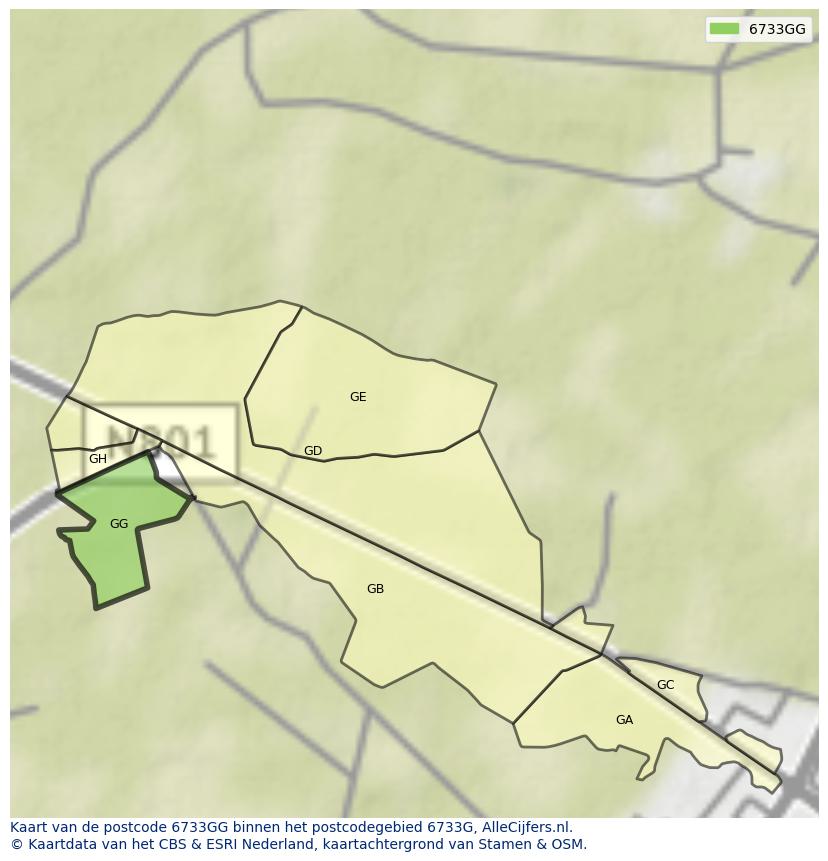 Afbeelding van het postcodegebied 6733 GG op de kaart.