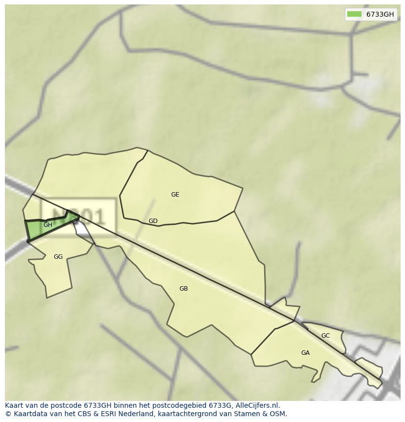 Afbeelding van het postcodegebied 6733 GH op de kaart.