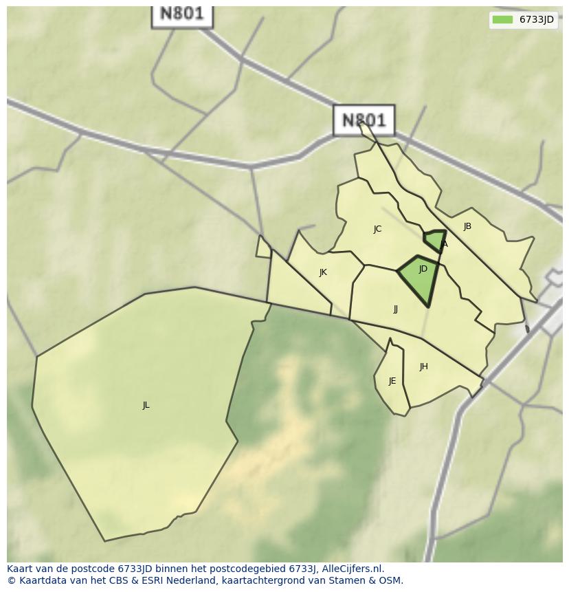 Afbeelding van het postcodegebied 6733 JD op de kaart.