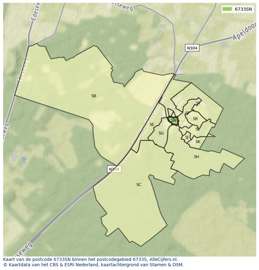Afbeelding van het postcodegebied 6733 SN op de kaart.