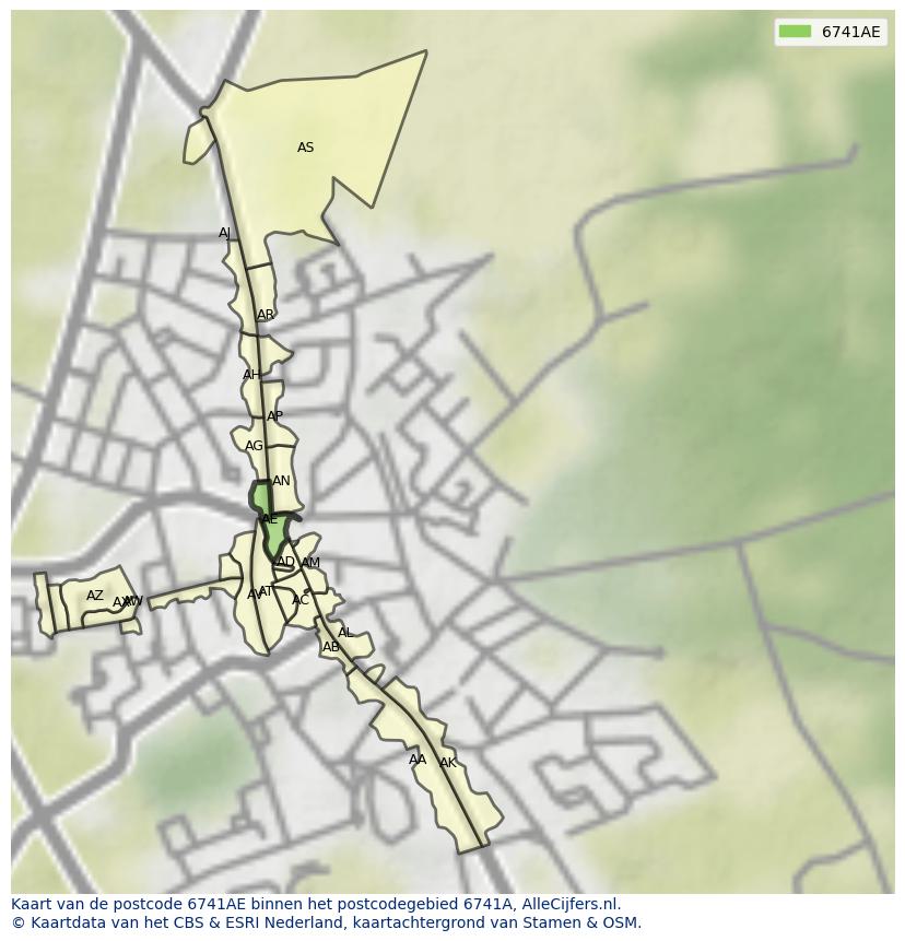 Afbeelding van het postcodegebied 6741 AE op de kaart.