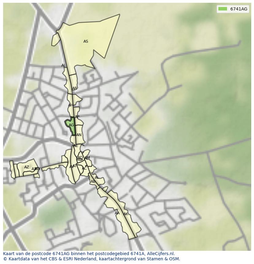 Afbeelding van het postcodegebied 6741 AG op de kaart.