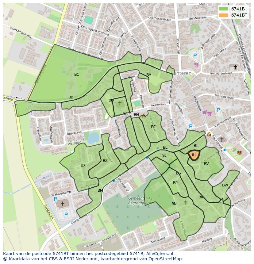 Afbeelding van het postcodegebied 6741 BT op de kaart.