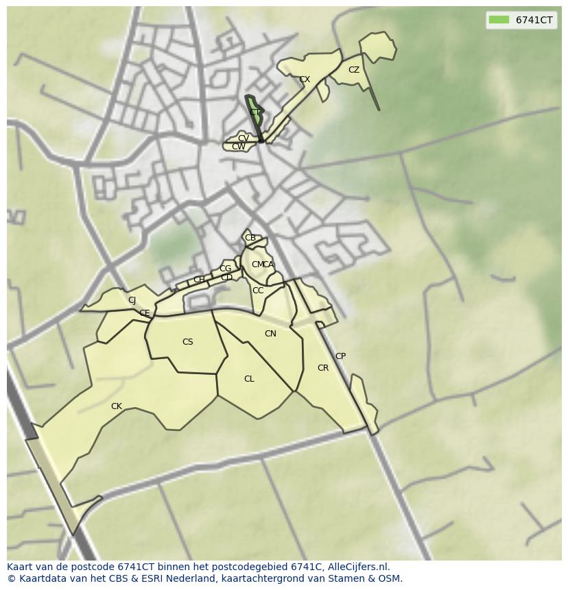 Afbeelding van het postcodegebied 6741 CT op de kaart.