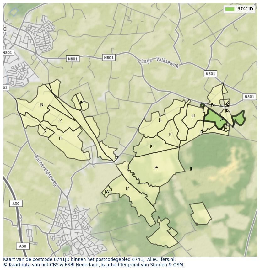 Afbeelding van het postcodegebied 6741 JD op de kaart.