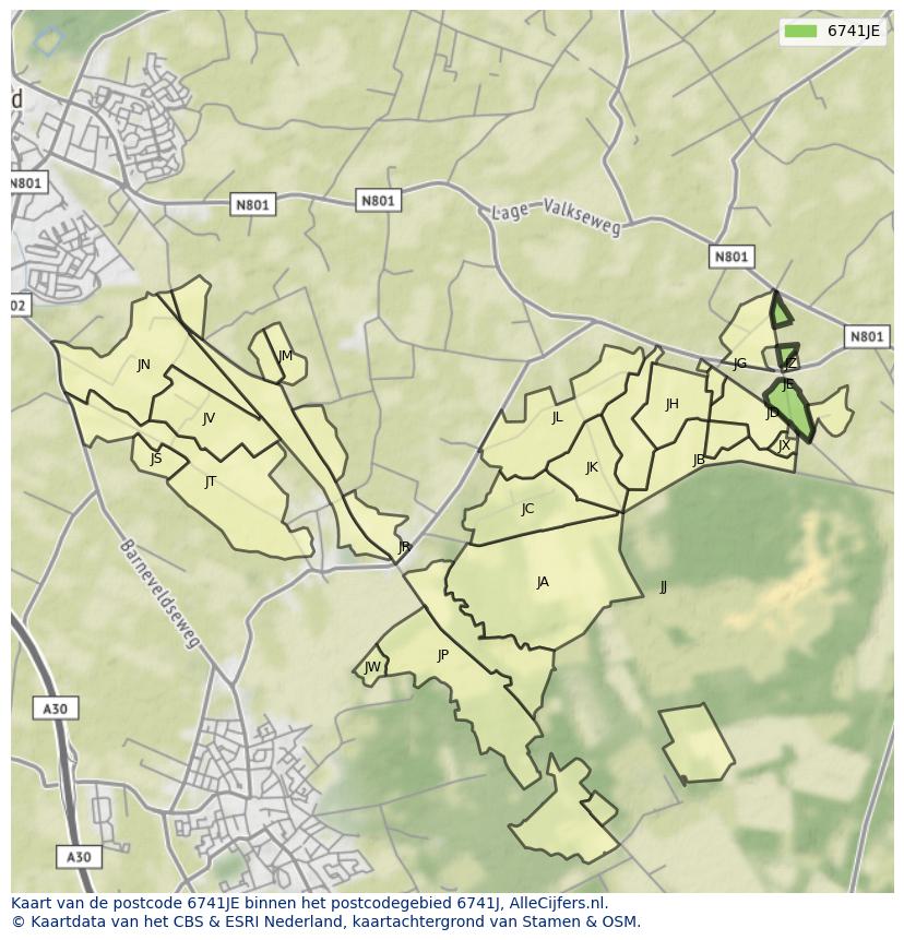 Afbeelding van het postcodegebied 6741 JE op de kaart.