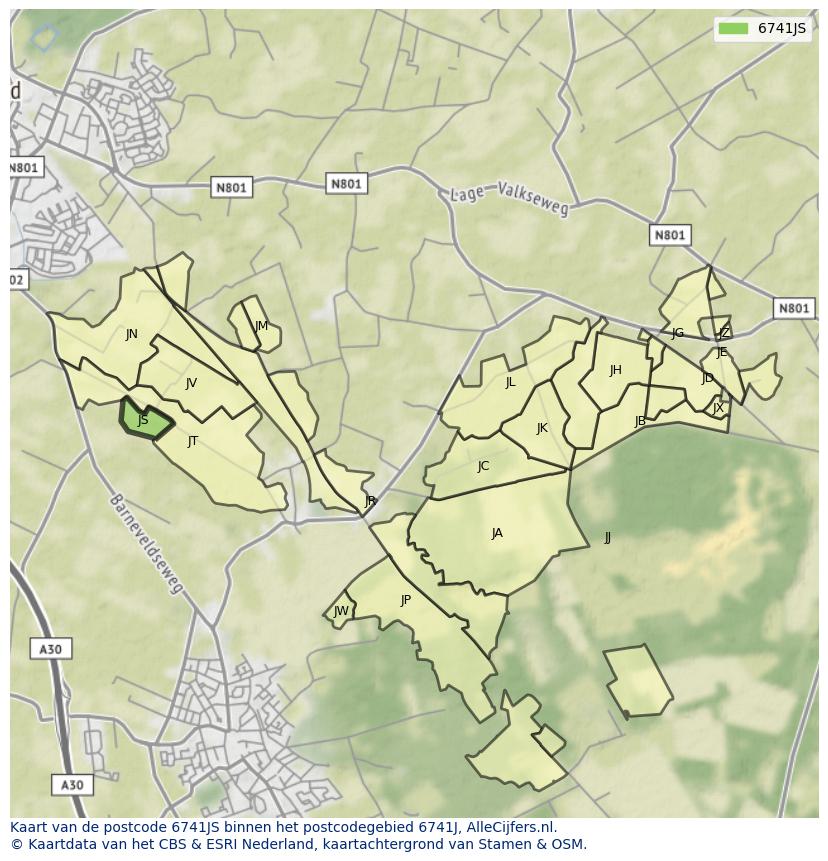 Afbeelding van het postcodegebied 6741 JS op de kaart.