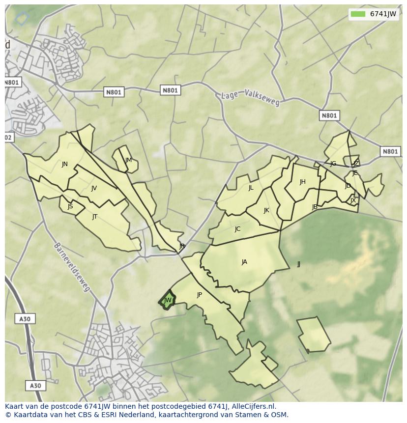 Afbeelding van het postcodegebied 6741 JW op de kaart.