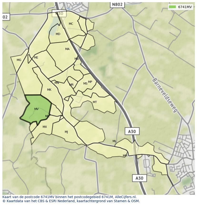 Afbeelding van het postcodegebied 6741 MV op de kaart.