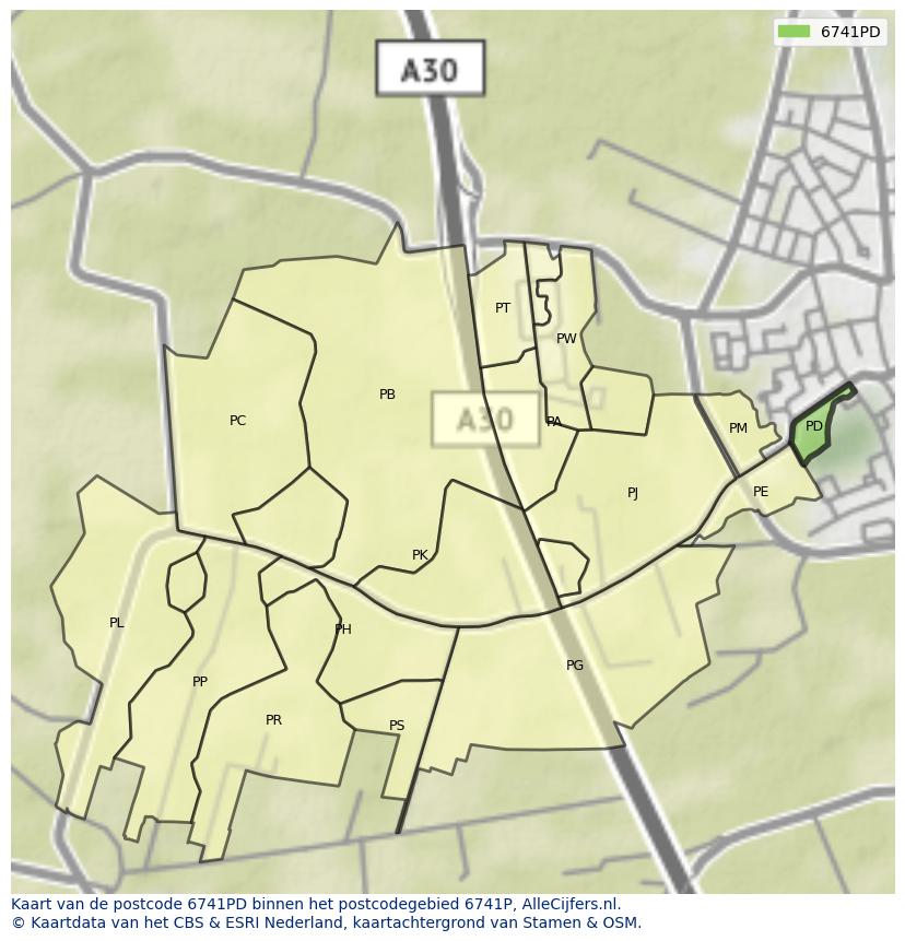 Afbeelding van het postcodegebied 6741 PD op de kaart.
