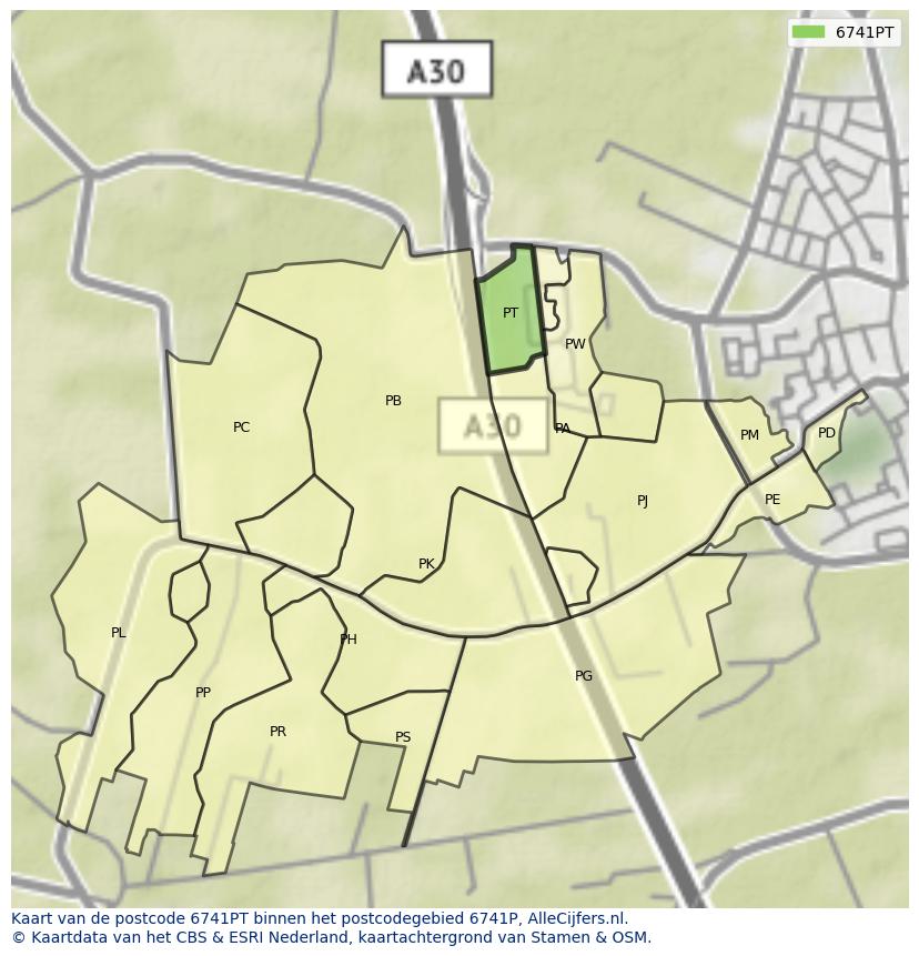Afbeelding van het postcodegebied 6741 PT op de kaart.
