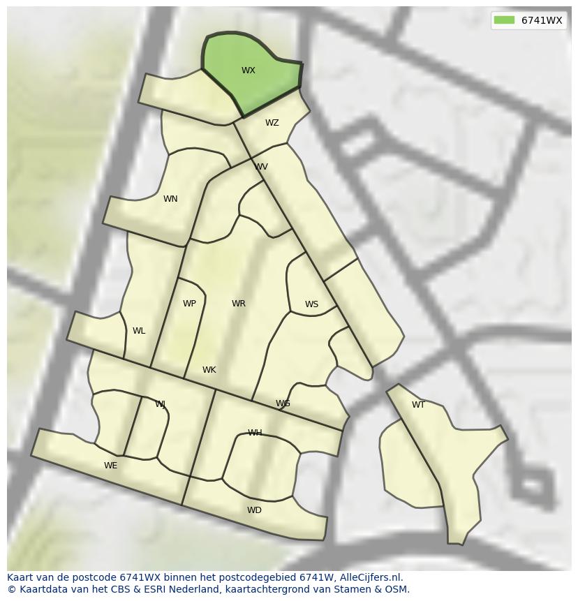 Afbeelding van het postcodegebied 6741 WX op de kaart.