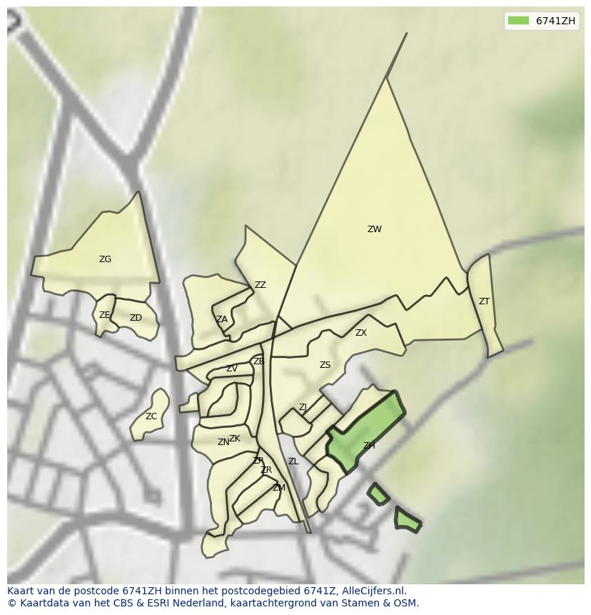Afbeelding van het postcodegebied 6741 ZH op de kaart.