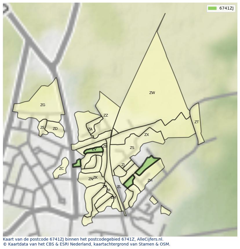 Afbeelding van het postcodegebied 6741 ZJ op de kaart.