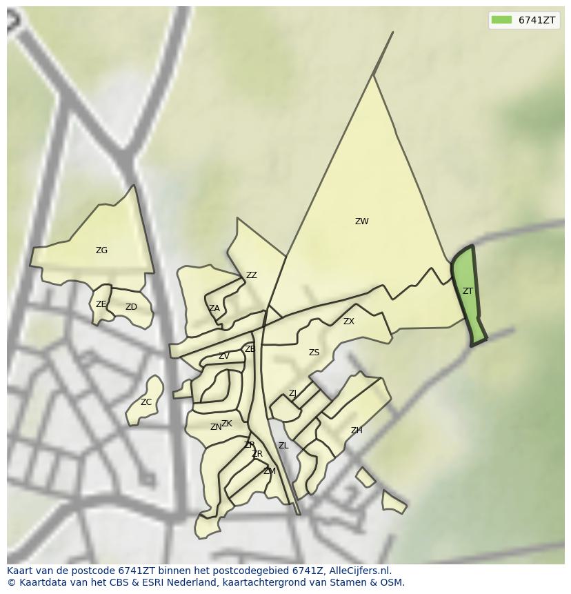 Afbeelding van het postcodegebied 6741 ZT op de kaart.