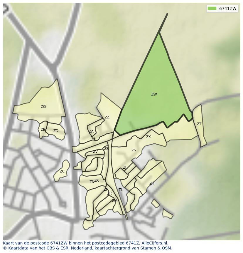 Afbeelding van het postcodegebied 6741 ZW op de kaart.