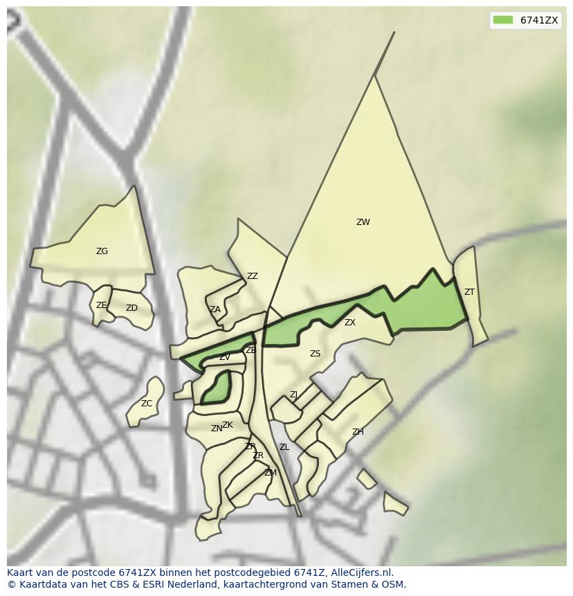 Afbeelding van het postcodegebied 6741 ZX op de kaart.