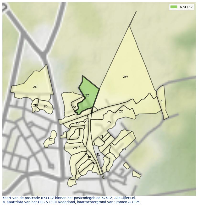 Afbeelding van het postcodegebied 6741 ZZ op de kaart.